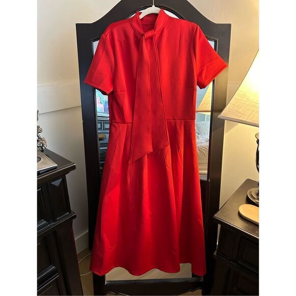 NEW Red Elegant Short Sleeve Career A-Line Dress Pockets 2X - Picture 6 of 6
